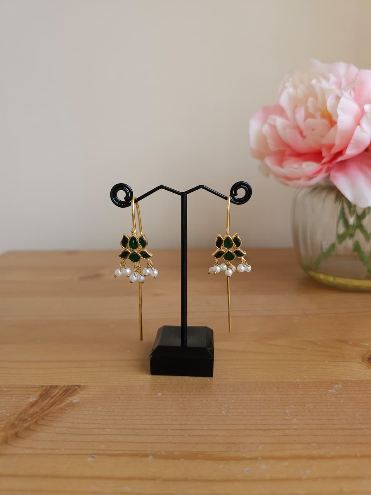 Golden Brass Floral Ear Cuffs | Emerald & Pearl Solid Metal Cuffs | Simply Sajavat Manchester