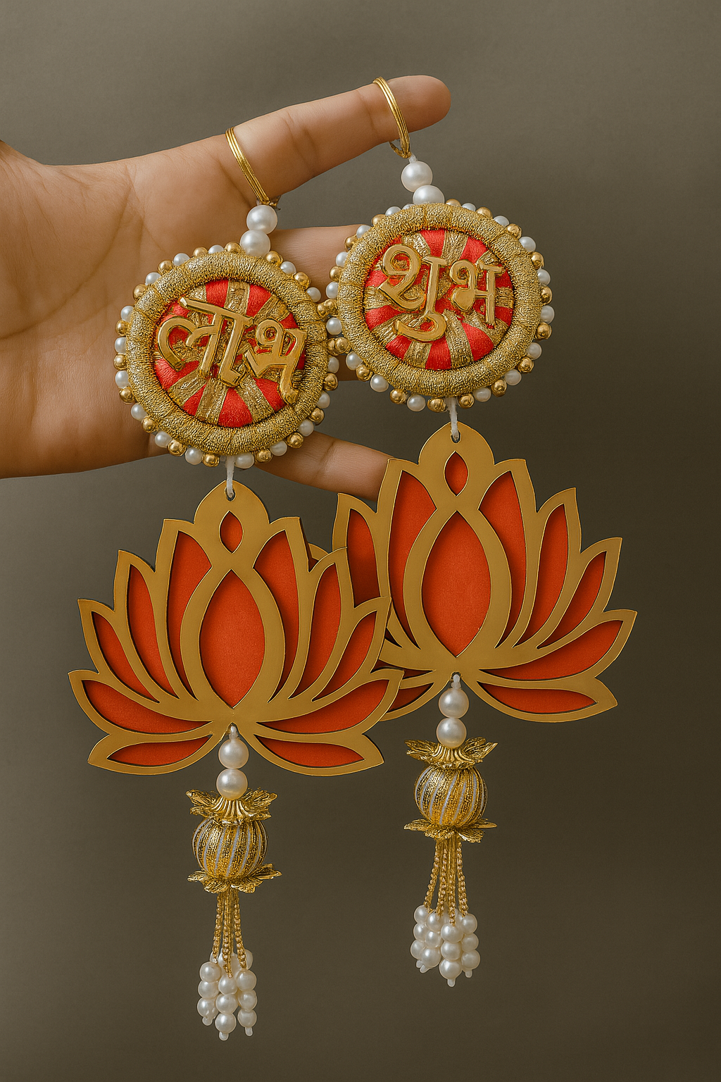 Shubh Labh Lotus Hangings with Pearl Drops