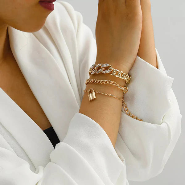 Gold Plated Stone Studded Lock inspired Multi-strand Bracelet For Women and Girls