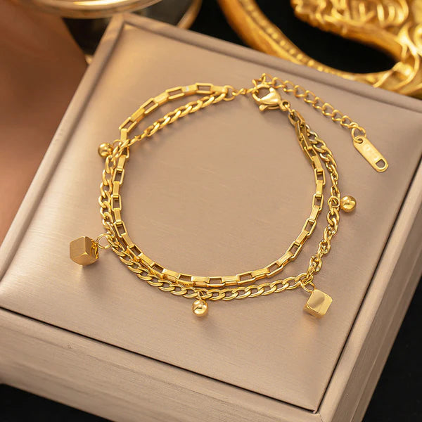 Gold Plated Anti Tarnish Stainless Steel Cube themed Wraparound Bracelet Gold