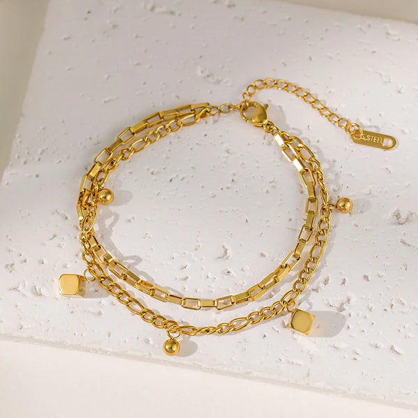 Gold Plated Anti Tarnish Stainless Steel Cube themed Wraparound Bracelet Gold