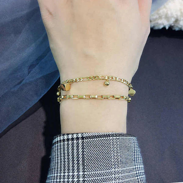 Gold Plated Anti Tarnish Stainless Steel Cube themed Wraparound Bracelet Gold