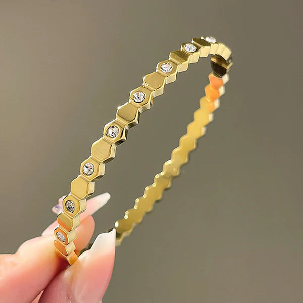 Gold-Plated AD Bangle-Style Hexagonal Anti Tarnish Bracelet