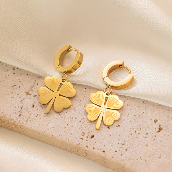 Gold Plated Anti Tarnish Stainless Steel Clover Themed Drop Earrings Gold