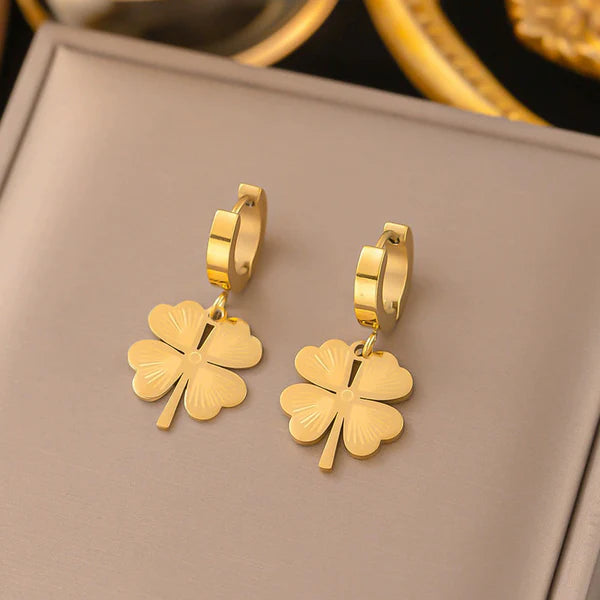 Gold Plated Anti Tarnish Stainless Steel Clover Themed Drop Earrings Gold
