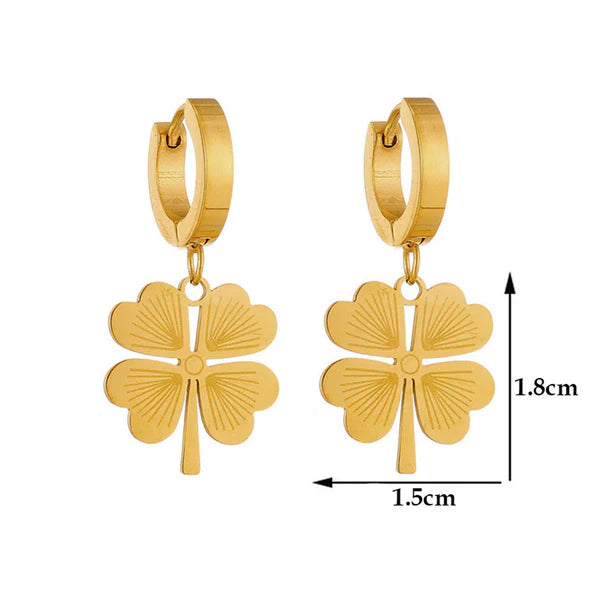Gold Plated Anti Tarnish Stainless Steel Clover Themed Drop Earrings Gold