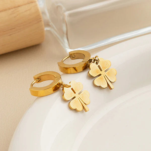 Gold Plated Anti Tarnish Stainless Steel Clover Themed Drop Earrings Gold