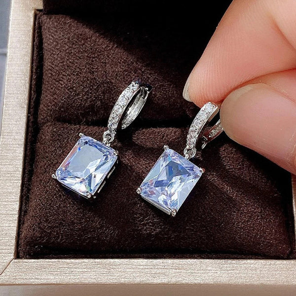 Silver Plated Anti Tarnish Rectangular American Diamond Studded Crushed Ice Cut Drop Earrings