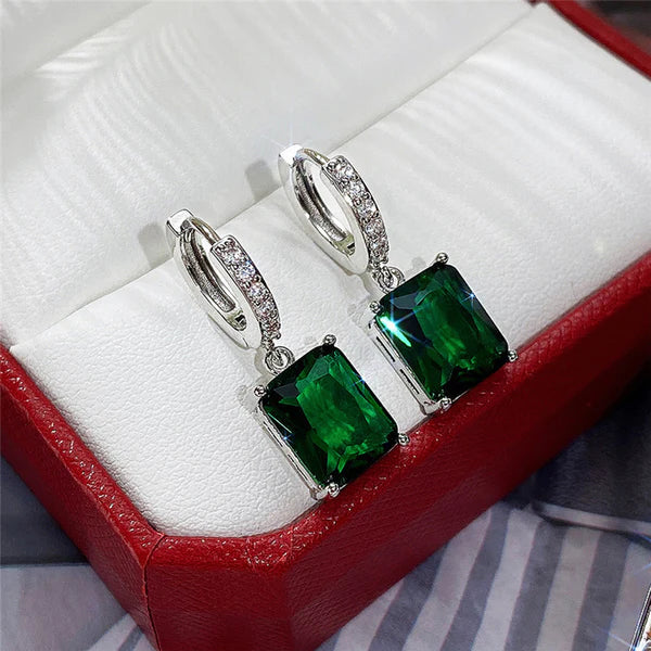 Silver Plated Anti Tarnish Green Rectangular American Diamond Studded Crushed Ice Cut Drop Earrings
