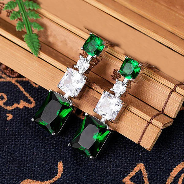 Silver Plated American Diamond Studded Green Geometrical Crushed Ice Cut Drop Earrings