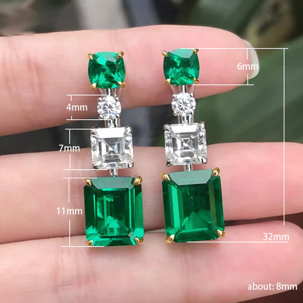 Silver Plated American Diamond Studded Green Geometrical Crushed Ice Cut Drop Earrings