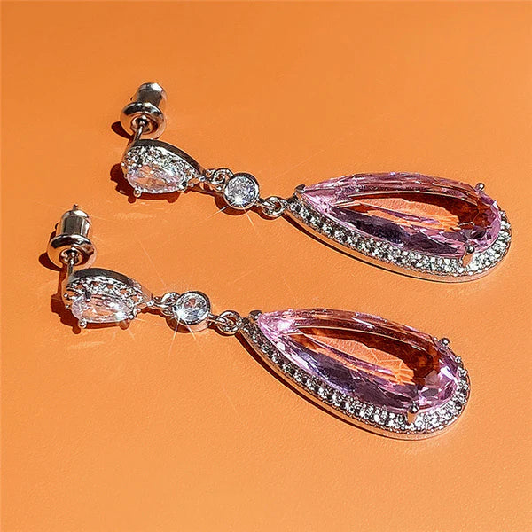 Silver Plated Anti Tarnish American Diamond Studded Pink Teardop Shape Ice Cut Drop Earrings