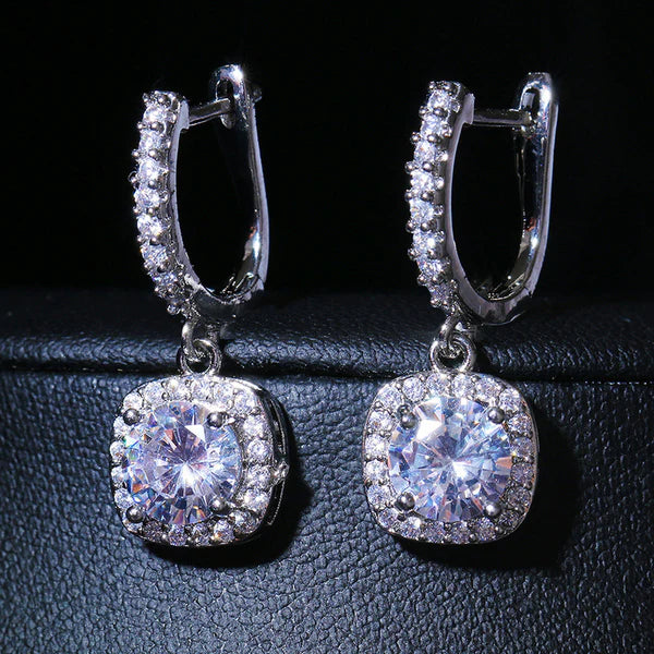 Silver Plated Anti Tarnish American Diamond Studded Rectangular Crushed Ice Cut Drop Earrings