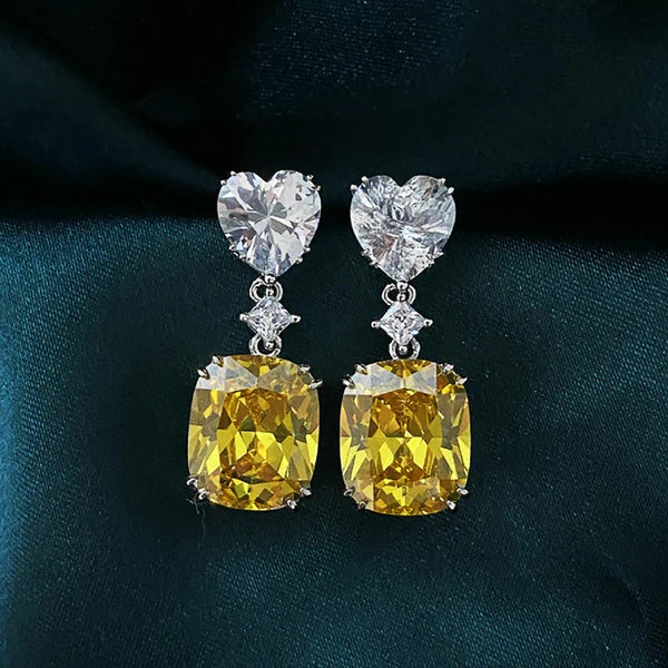 Silver Plated Anit Tarnish American Diamond Studded Yellow Heart inspired Crushed Ice Cut Drop Earrings