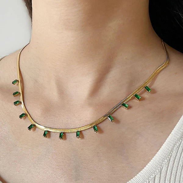Gold Plated Stainless Steel Anti Tarnish Snake Chain Green Emerald Studded Necklace