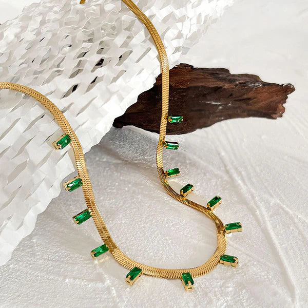 Gold Plated Stainless Steel Anti Tarnish Snake Chain Green Emerald Studded Necklace