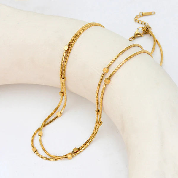 Gold Plated Stainless Steel Anti-Tarnish Geometric Dual Strand Necklace