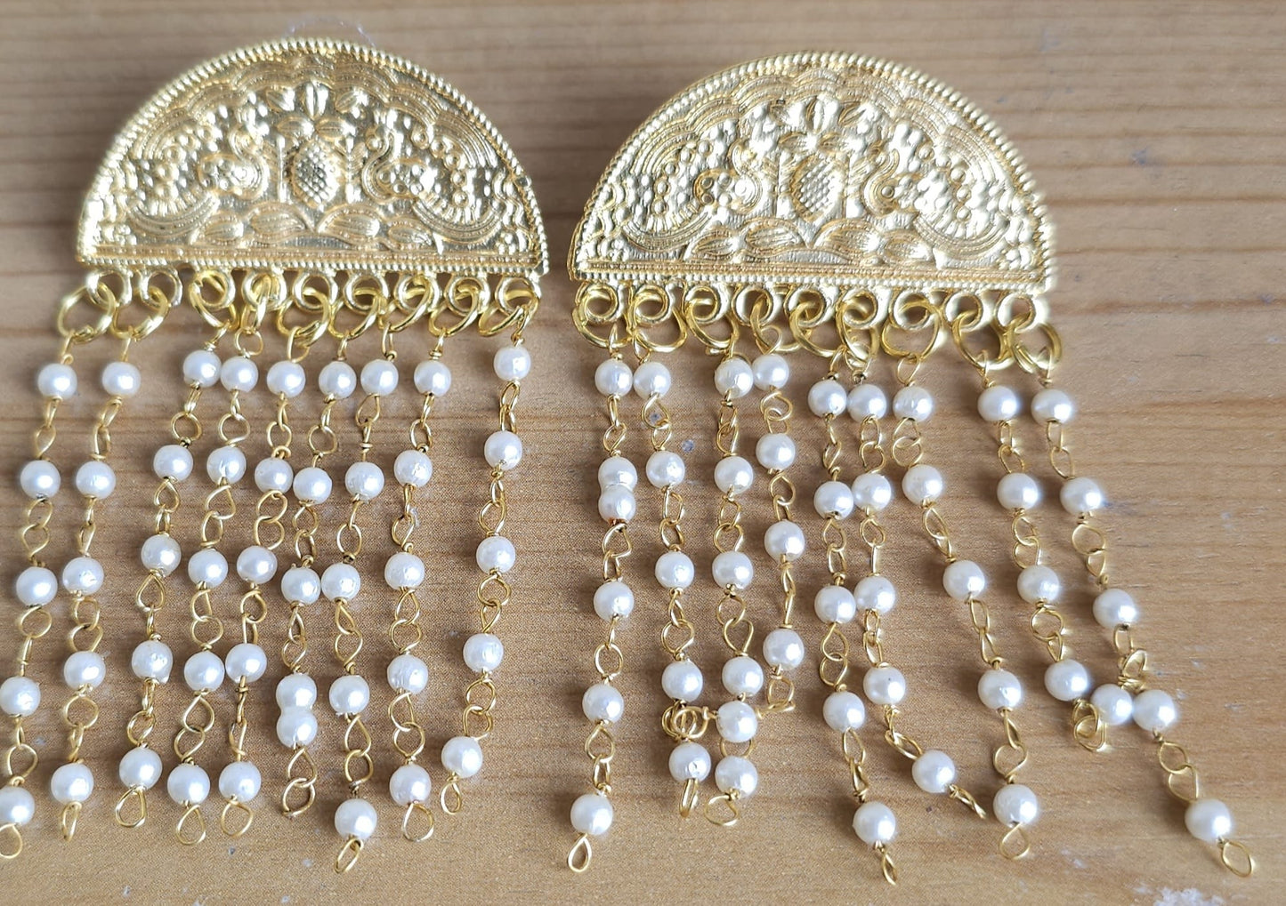 Golden Brass Semicircular Earrings with Pearl Cascade