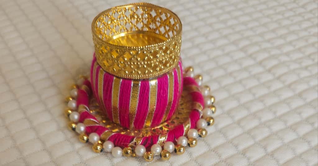 Decorative Gota Diya Holders with Pearl Base - Set of 6