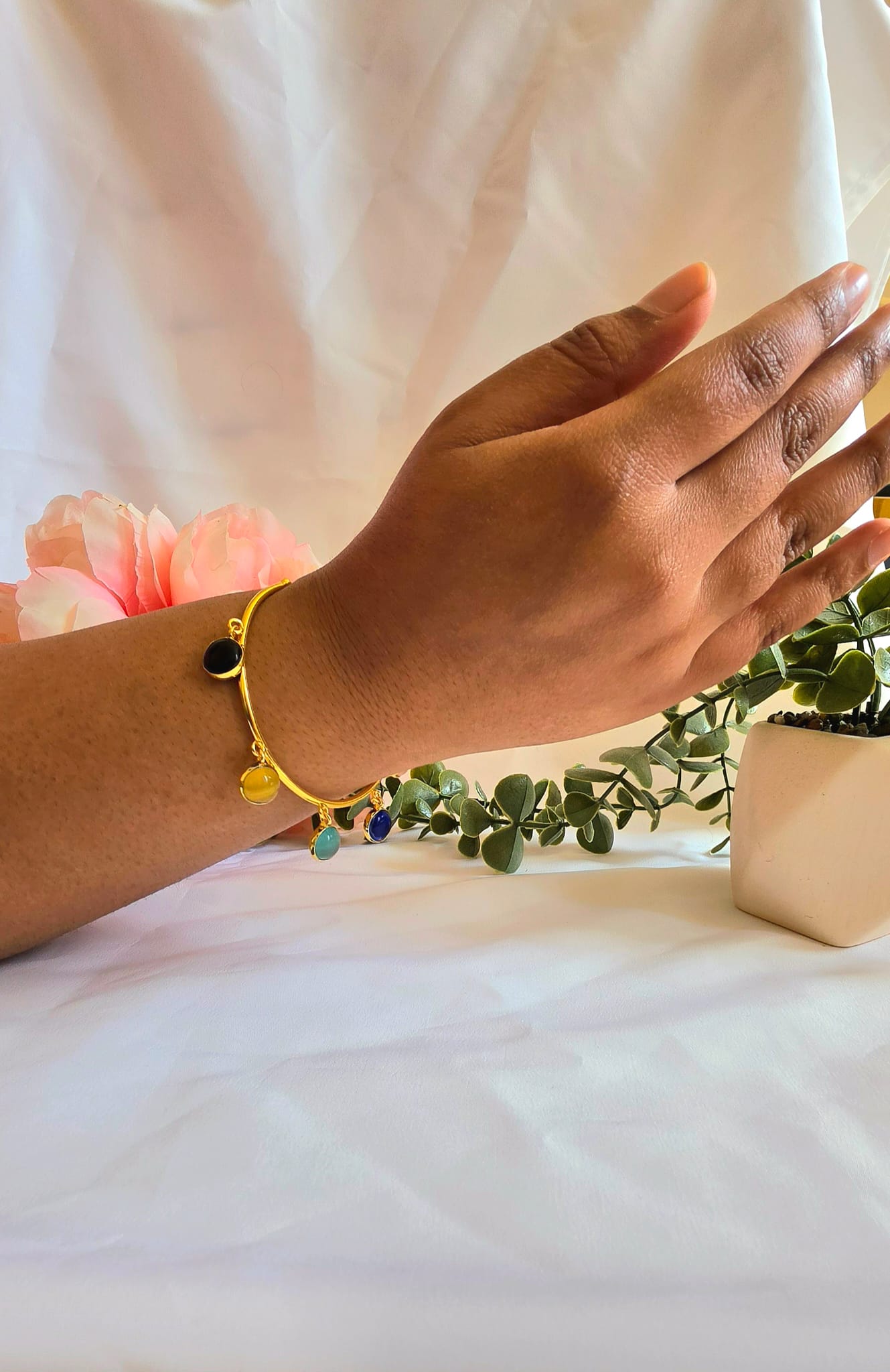 Indra Multi-Gemstone Indian Brass Bangle – Hand-Finished Charm Bracelet