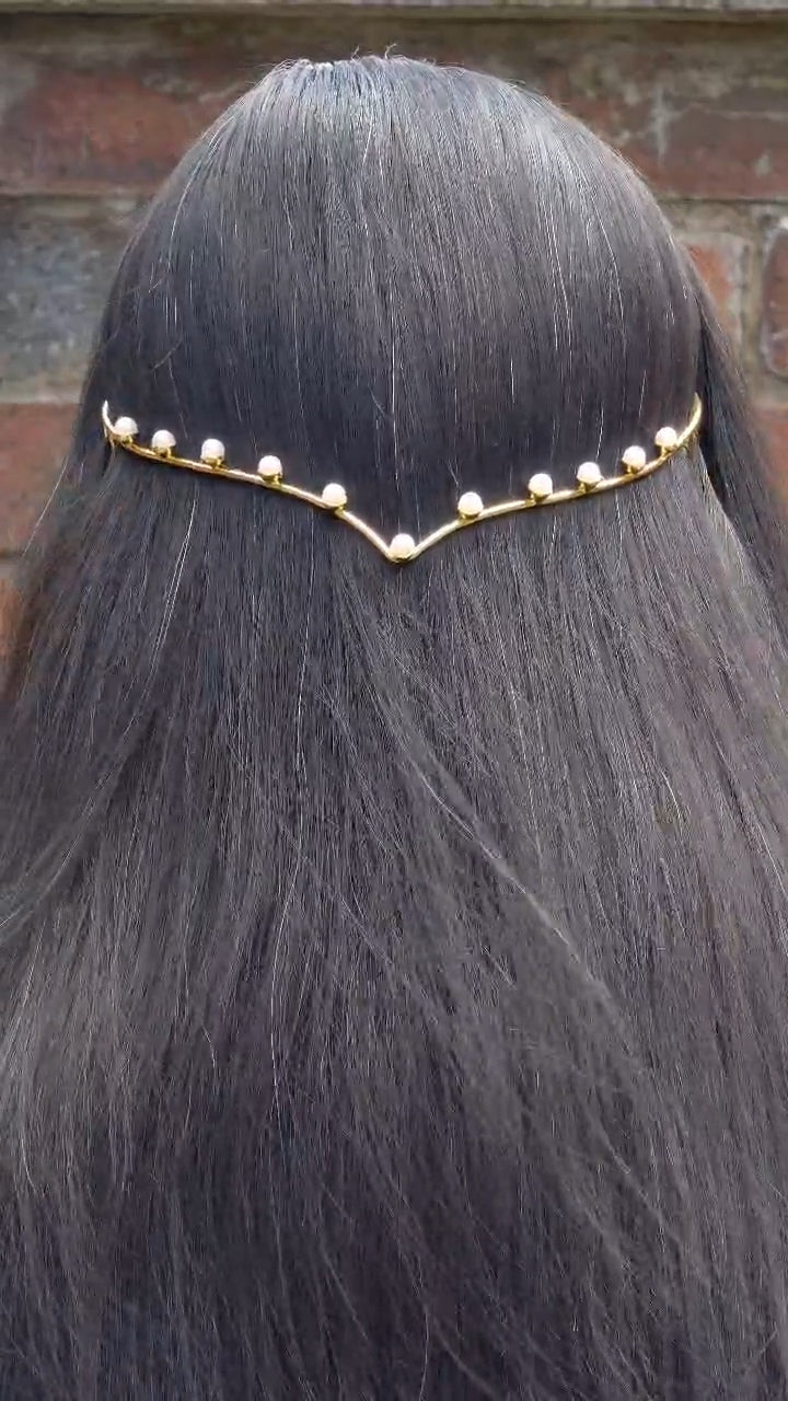 Mini Brass Pearl V‑Headpiece | Handcrafted Gold Hair Ornament | Elegant Indian Hair Jewelry | Simply Sajavat Manchester