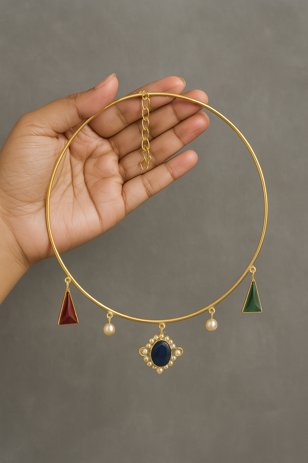 Gold Torque Necklace with Pearl & Gemstone Charms