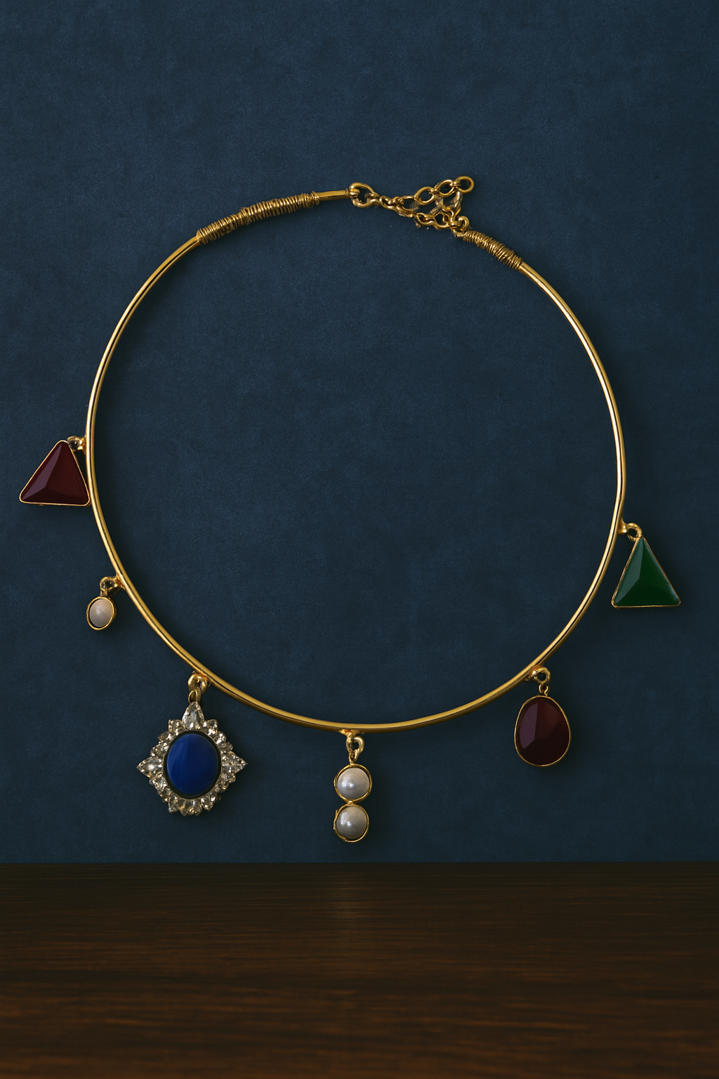 Gold Torque Necklace with Pearl & Gemstone Charms