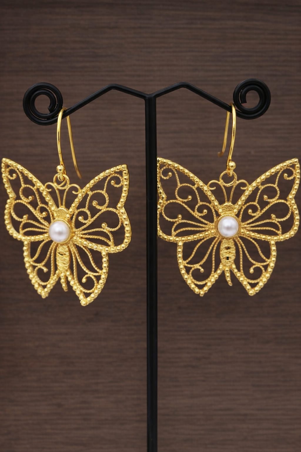 Handcrafted Indian Brass Butterfly Earrings | Titli Filigree Pearl Dangles | Premium Artisan Jewelry UK