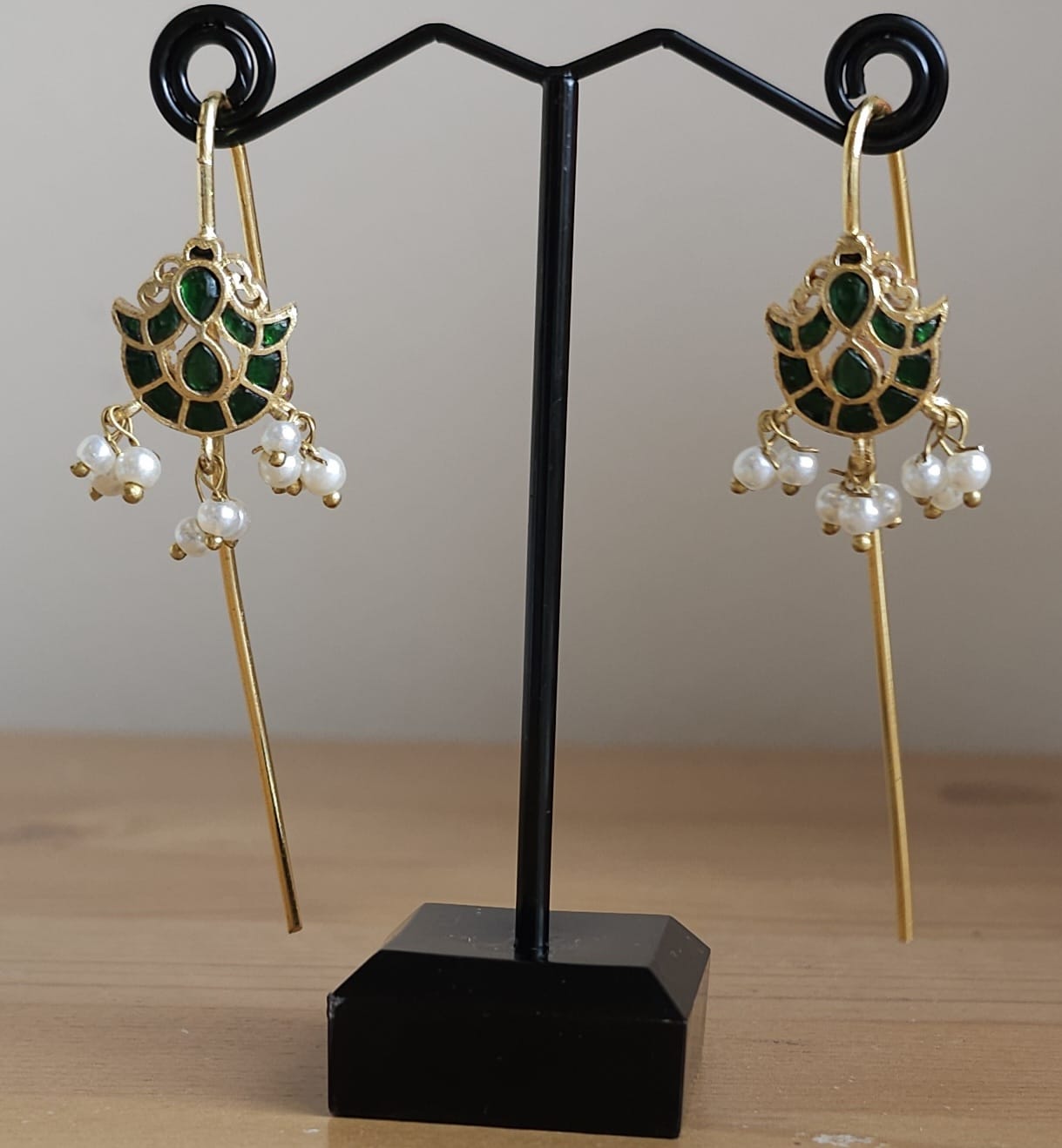 Golden Brass Peacock Ear Cuffs with Emerald and Pearl