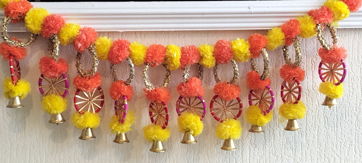 37‑Inch Marigold Bandanwar with Golden Bells | Handcrafted Traditional Door Toran for Auspicious Home Entry