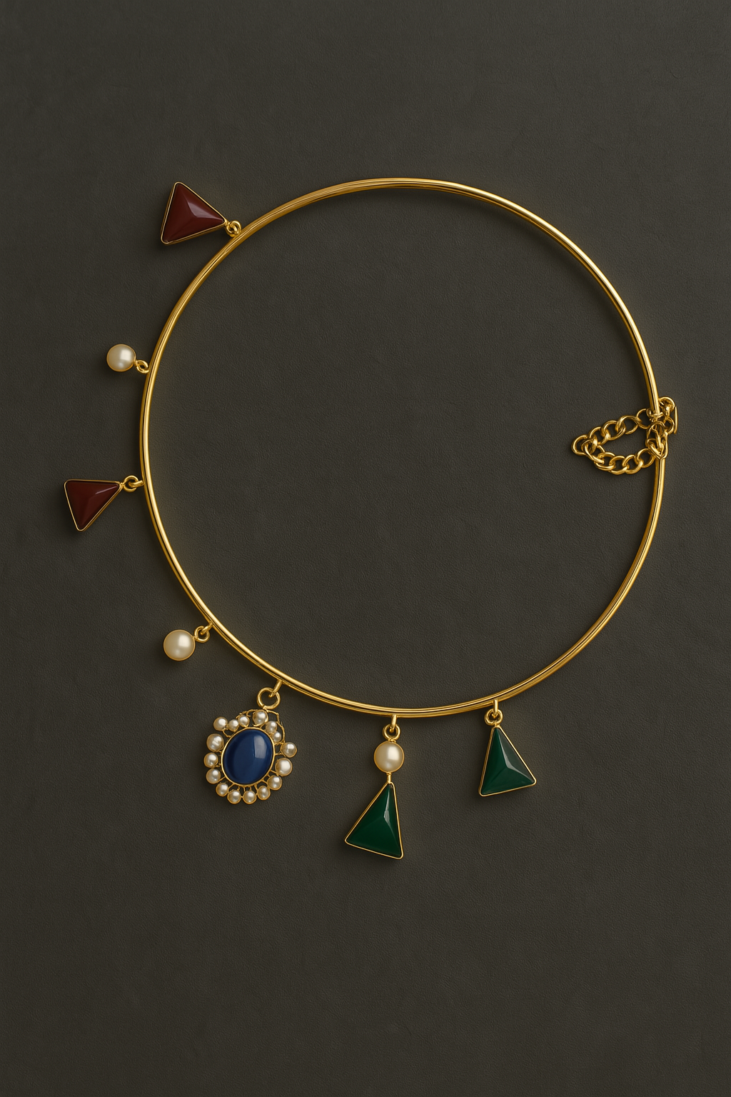 Gold Torque Necklace with Pearl & Gemstone Charms