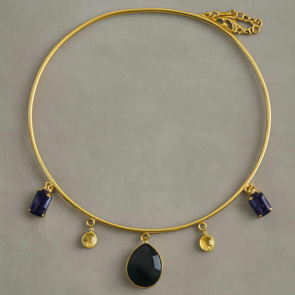 Gold Torque Necklace with Gemstone Drops