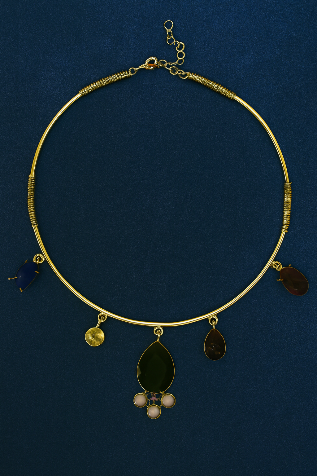 Gold Torque Necklace with Gemstone Drops
