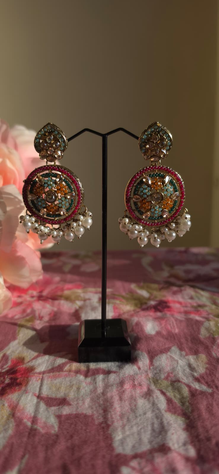 Multicolor Kundan Chandbali Earrings & Maang Tikka Set | Handcrafted Pearl Cluster Statement Set | Simply Sajavat Manchester