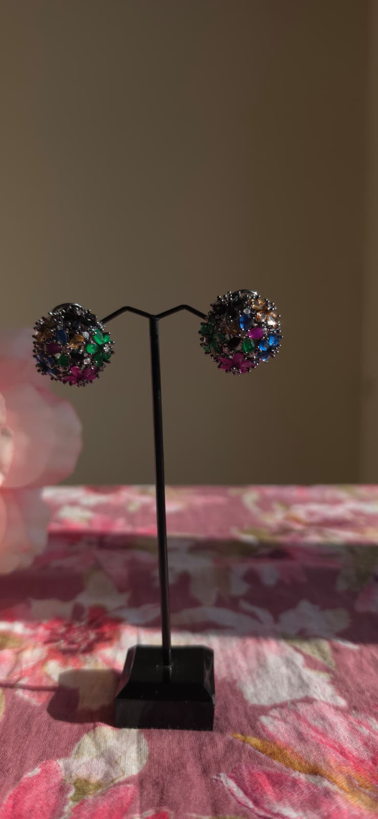 Multicolor American Diamond Brass Ear Studs | Handcrafted Floral Statement Earrings | Simply Sajavat Manchester