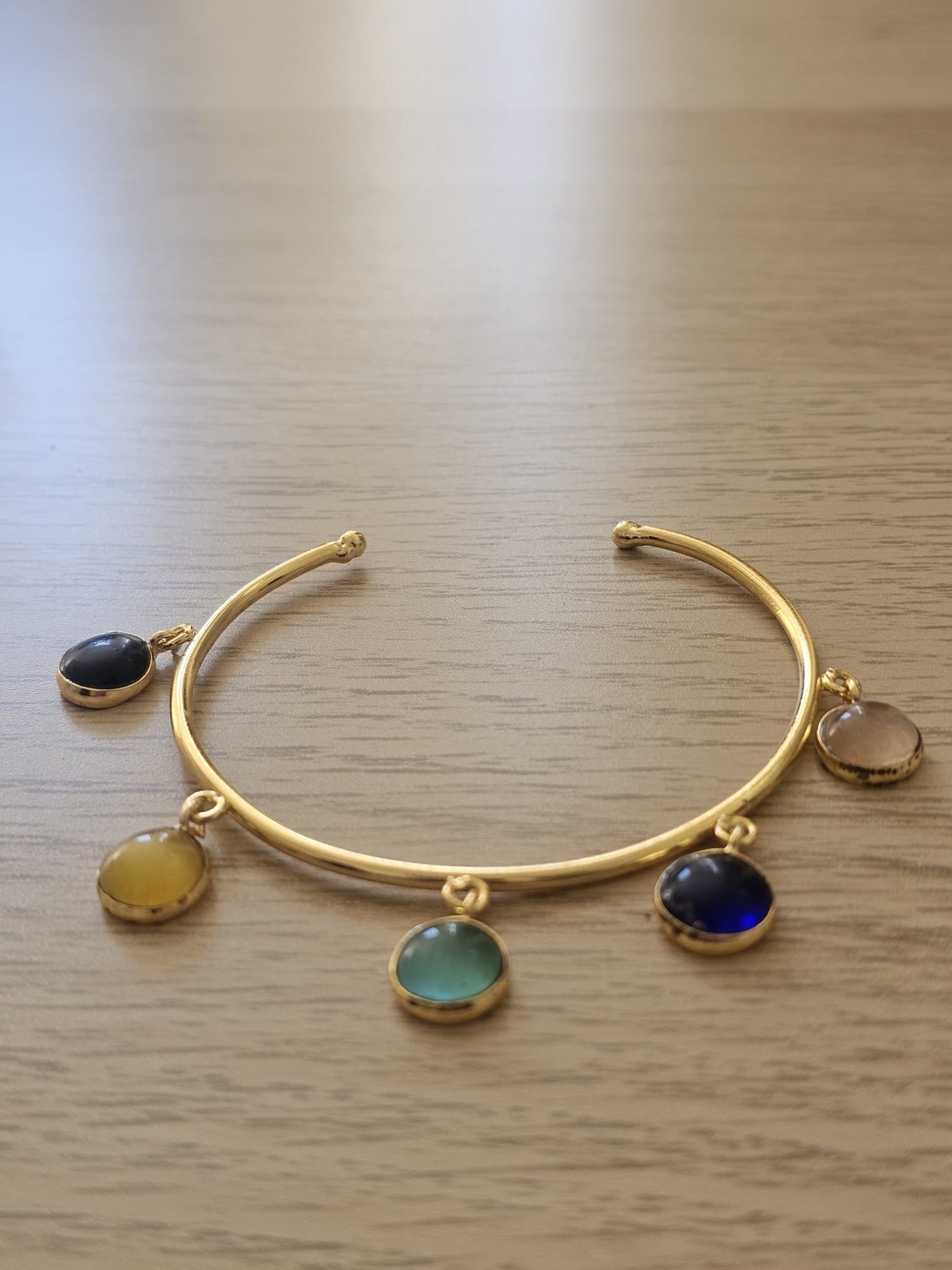 Indra Multi-Gemstone Indian Brass Bangle – Hand-Finished Charm Bracelet