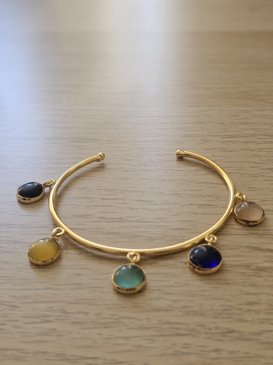 Indra Multi-Gemstone Indian Brass Bangle – Hand-Finished Charm Bracelet