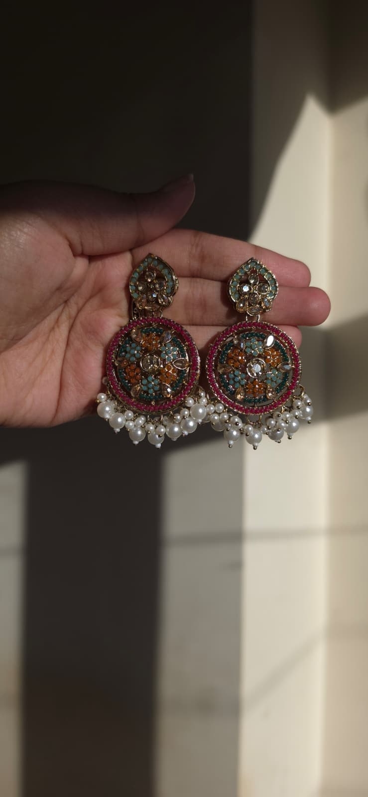 Multicolor Kundan Chandbali Earrings & Maang Tikka Set | Handcrafted Pearl Cluster Statement Set | Simply Sajavat Manchester