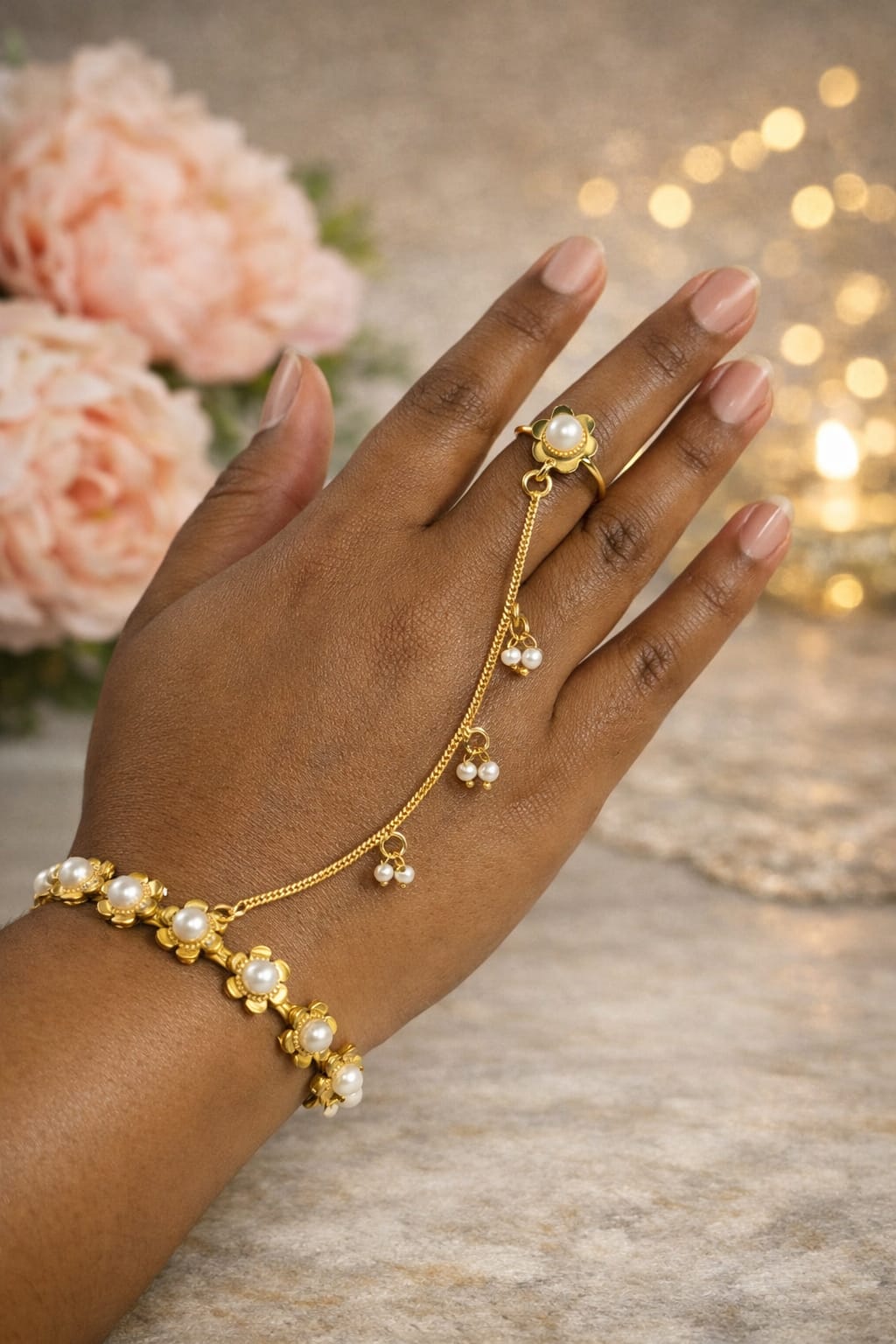 Gold‑Plated Brass Haathphool | Pearl Floral Hand Harness | Traditional Indian Bracelet‑Ring Jewelry | Simply Sajavat Manchester