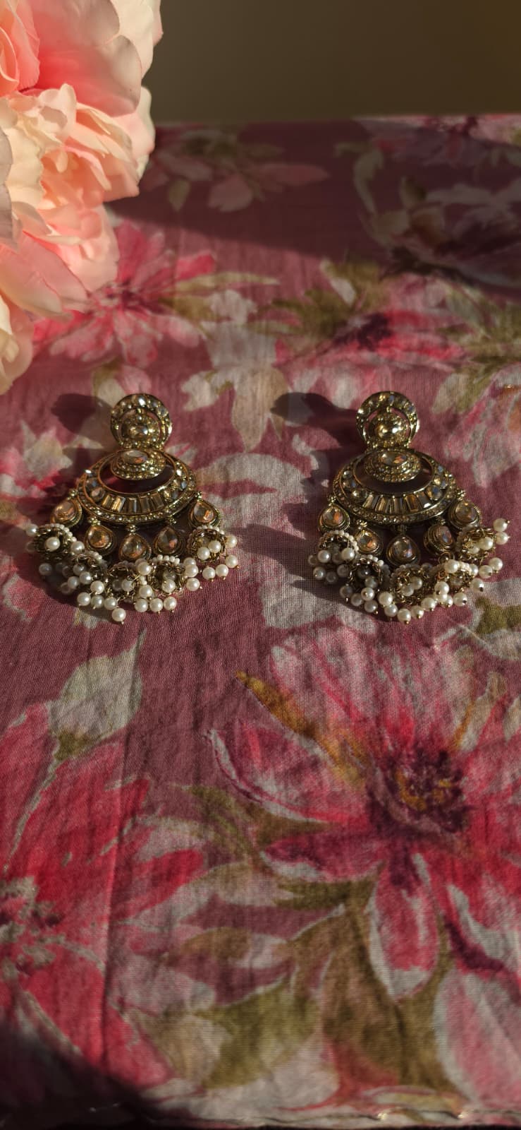 Ornate Antique Gold Kundan Chandbali Earrings | Pearl Jhumki Cluster Earrings | Simply Sajavat Manchester