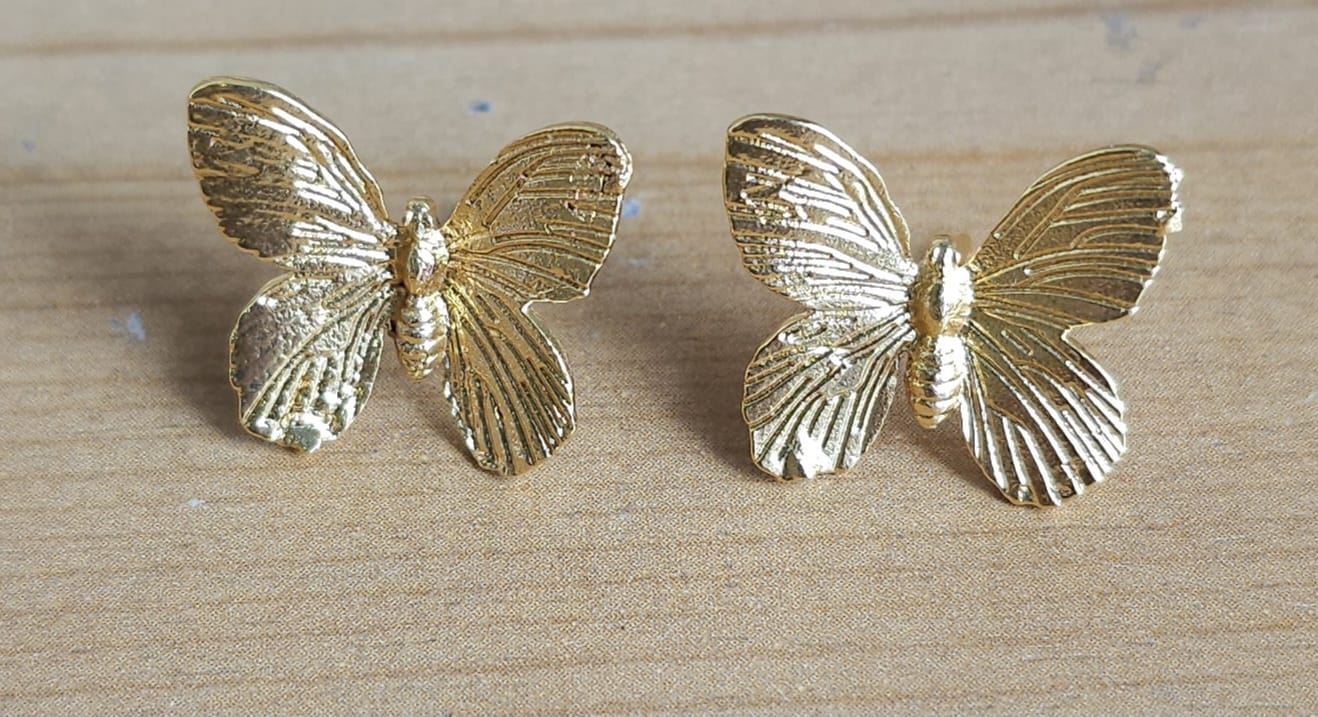 Golden Brass Butterfly Studs | Solid Metal Sculptural Earrings | Simply Sajavat Manchester
