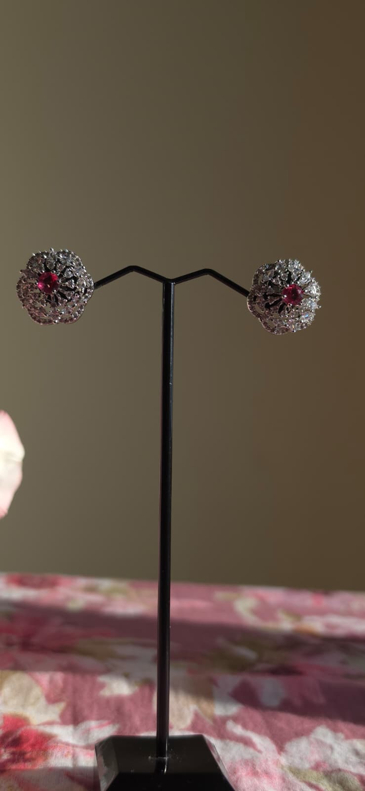 Pink & Purple American Diamond Brass Ear Studs | Handcrafted Floral Statement Earrings | Simply Sajavat Manchester
