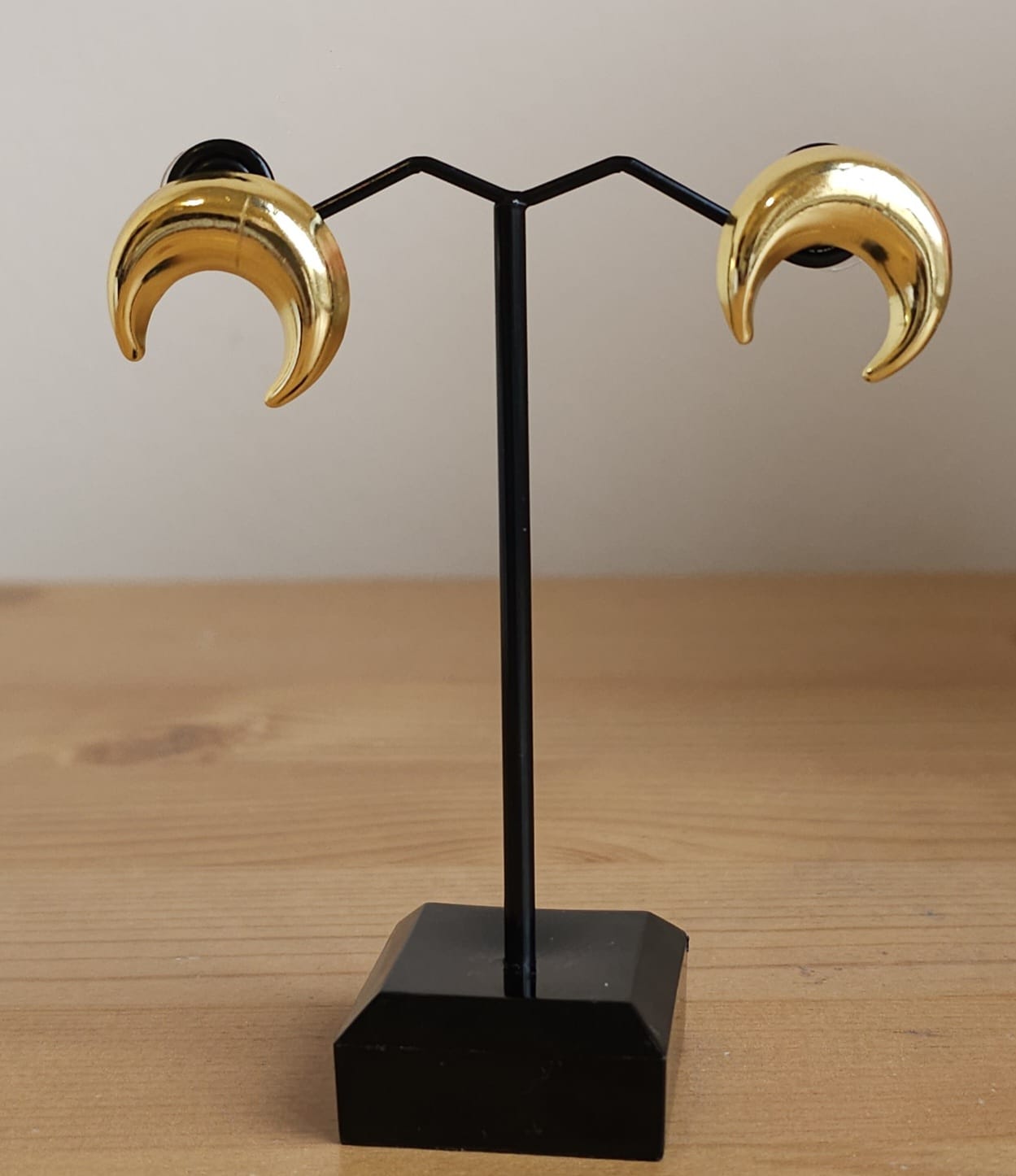Golden Brass Crescent Moon Studs | Solid Metal Geometric Earrings | Simply Sajavat Manchester