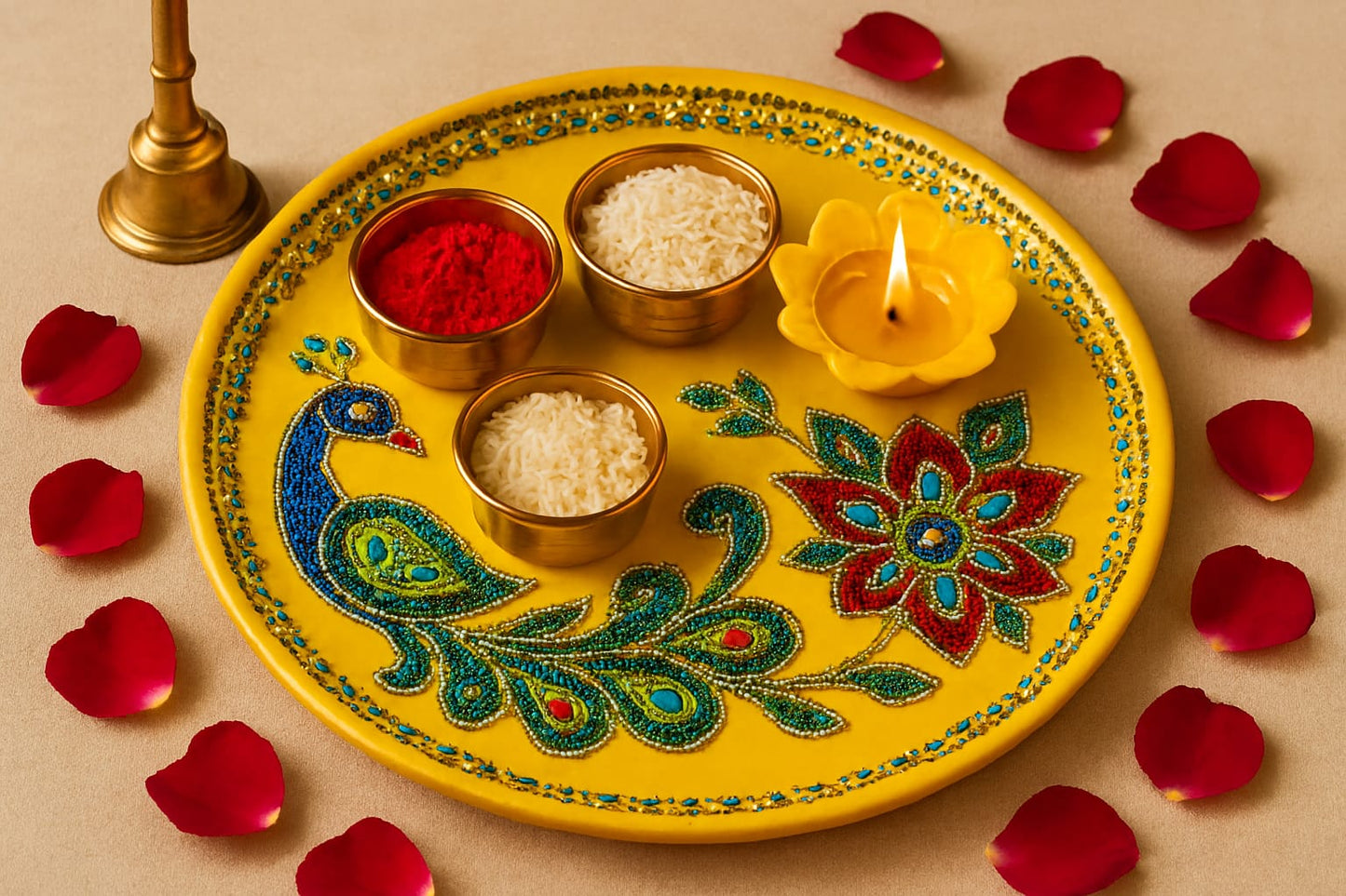 Yellow Decorative Puja Thali with Peacock Embellishment