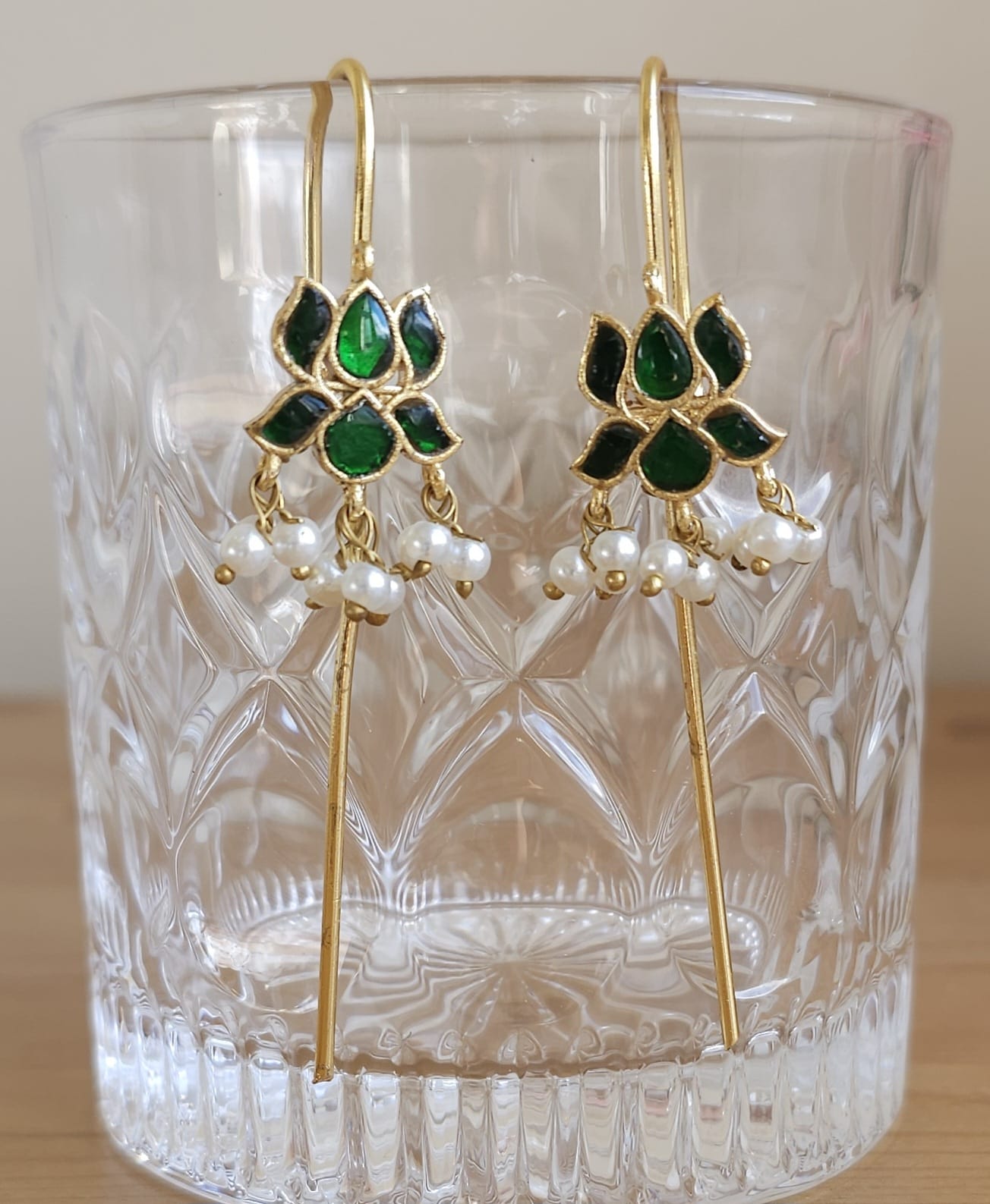 Golden Brass Floral Ear Cuffs | Emerald & Pearl Solid Metal Cuffs | Simply Sajavat Manchester