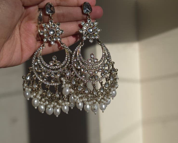 Kundan Crescent Chandbali Earrings | Pearl Cluster Statement Earrings | Simply Sajavat Manchester