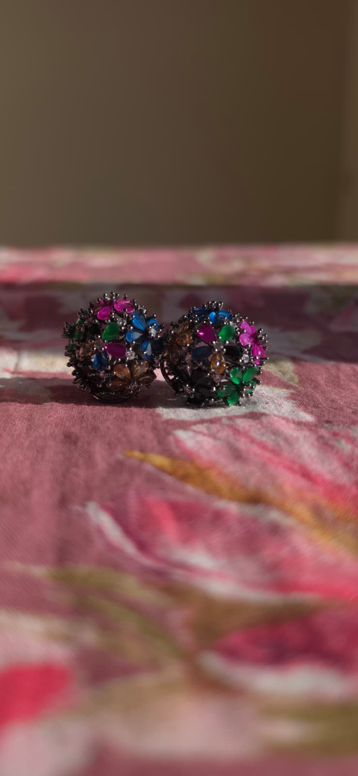 Multicolor American Diamond Brass Ear Studs | Handcrafted Floral Statement Earrings | Simply Sajavat Manchester