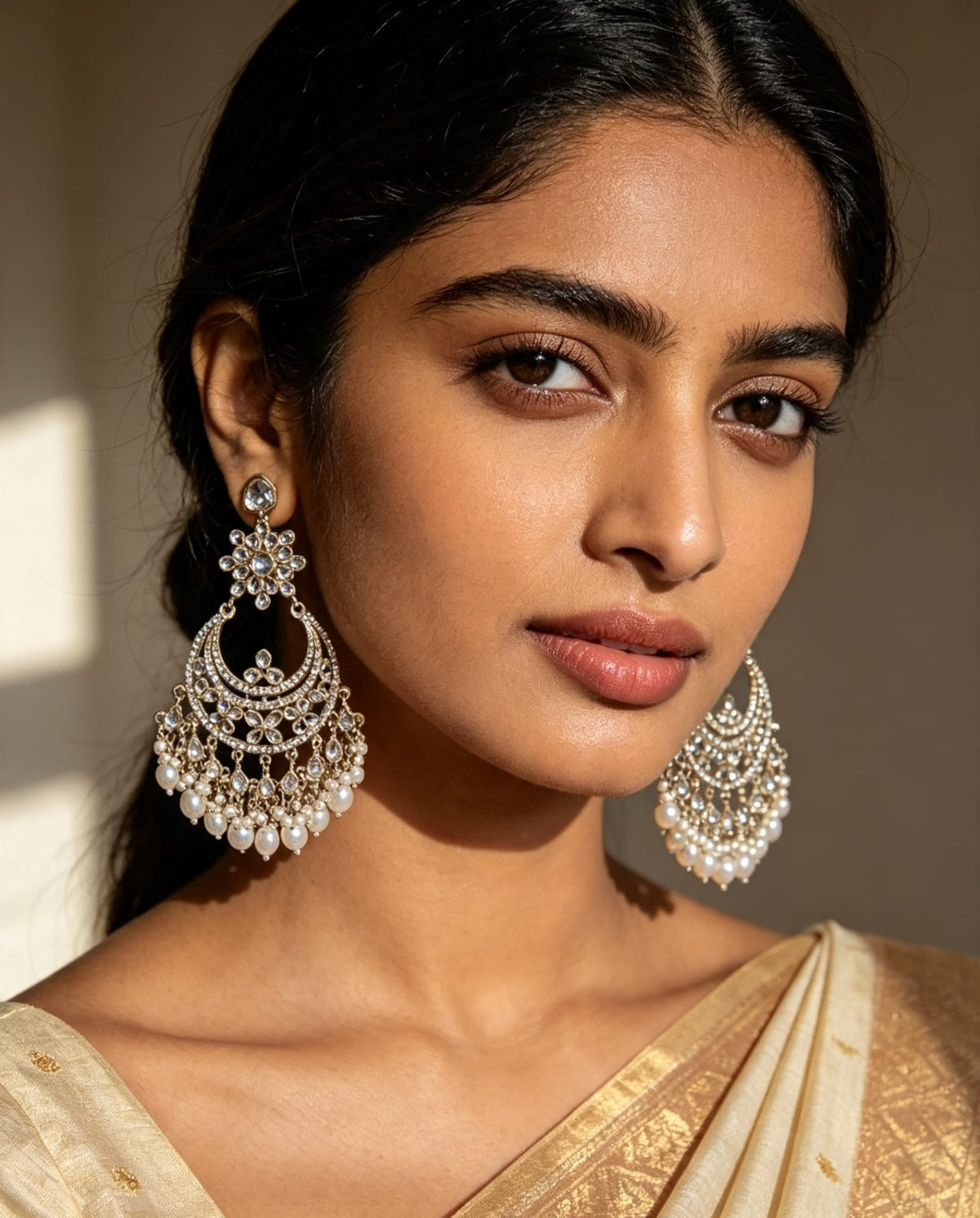Kundan Crescent Chandbali Earrings | Pearl Cluster Statement Earrings | Simply Sajavat Manchester