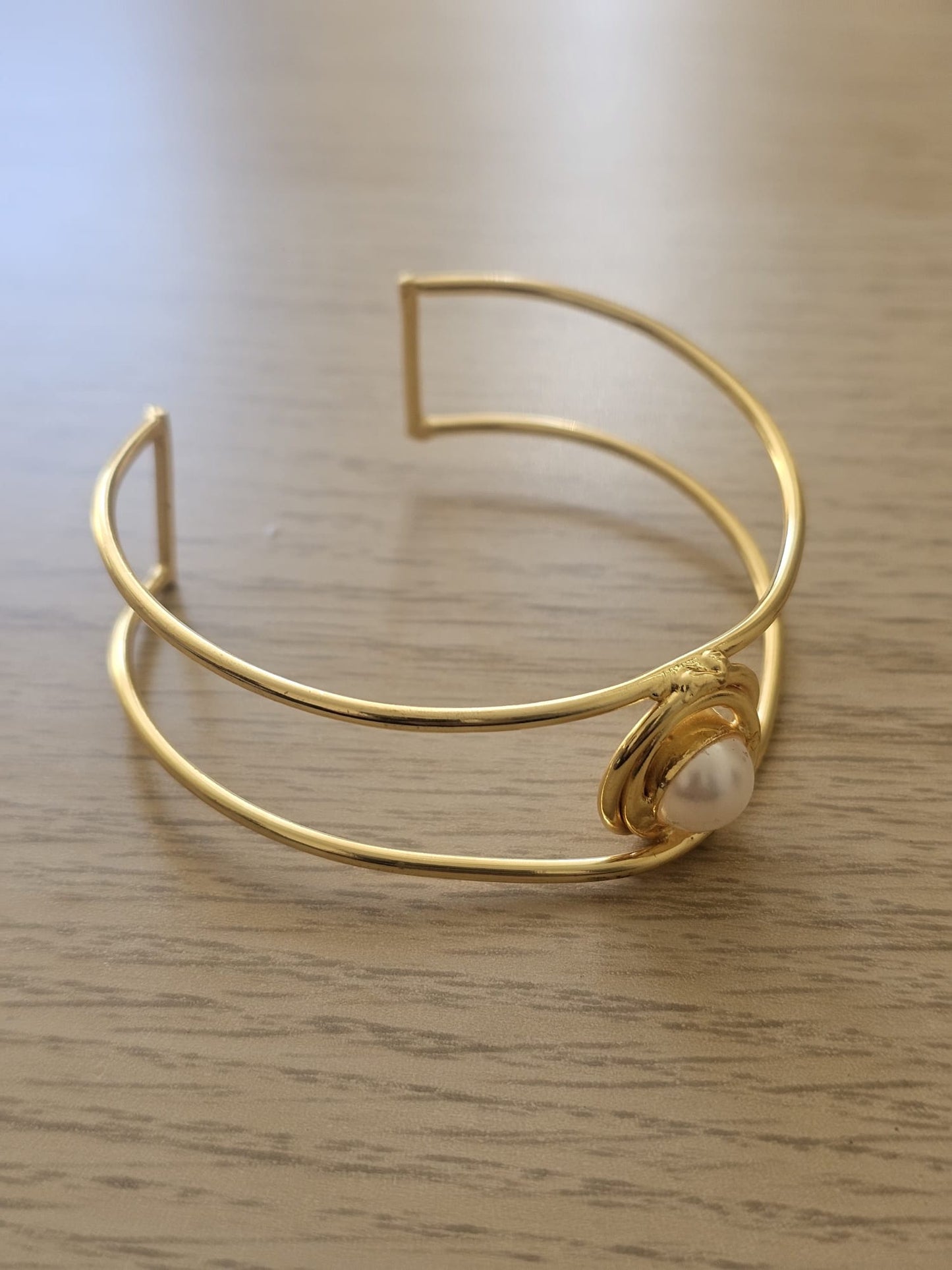 Moti Orbital Indian Brass Cuff – Hand-Finished Pearl Statement Bangle