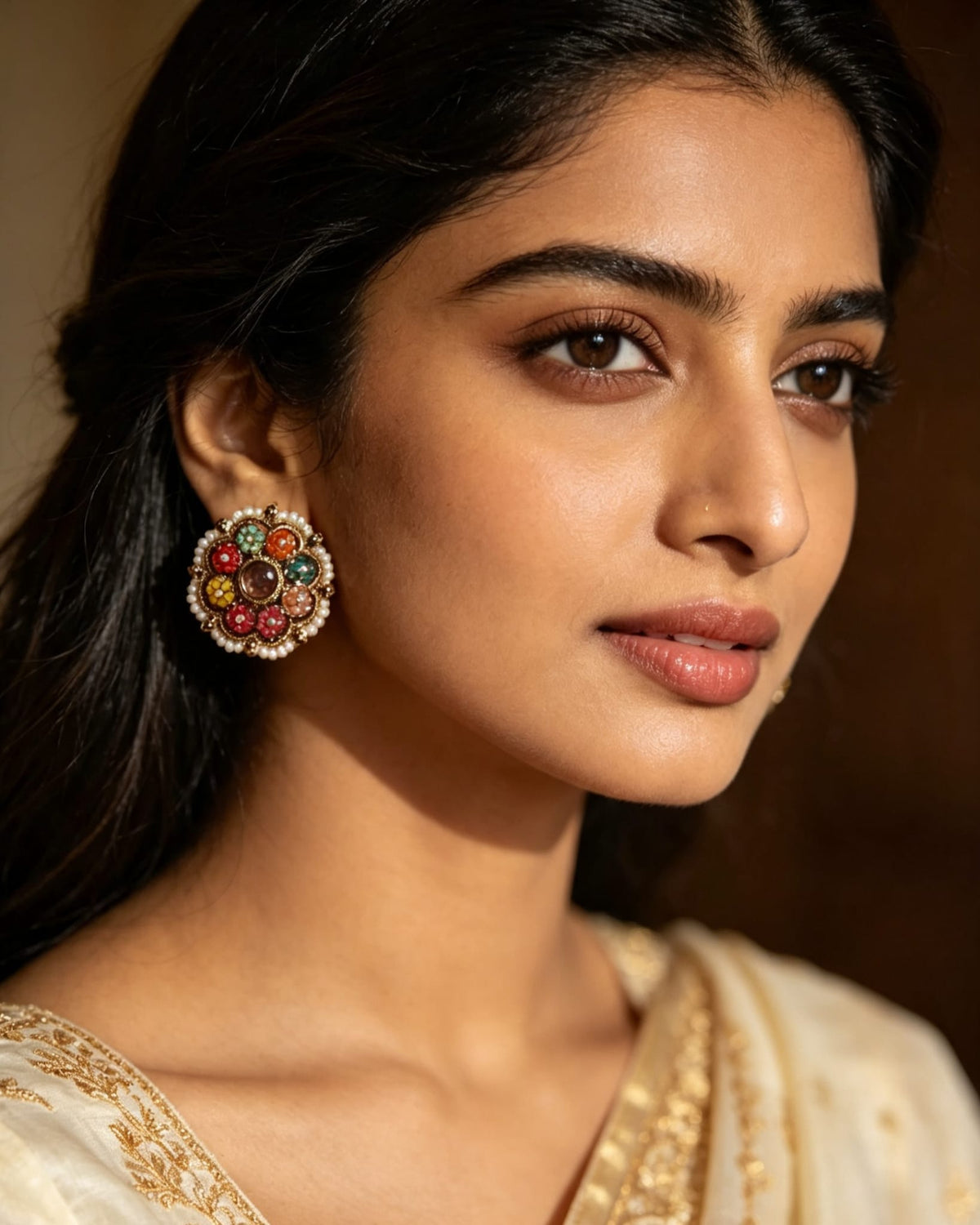 Multicolor Kundan Floral & Teardrop Stud Earrings | Handcrafted Pearl Border Statement Earrings | Simply Sajavat Manchester